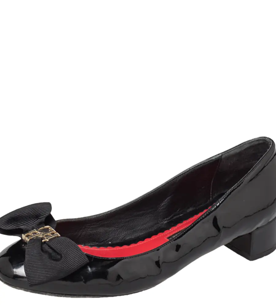 CH Carolina Herrera Black Patent Leather Bow Block Heel Pumps Size 39