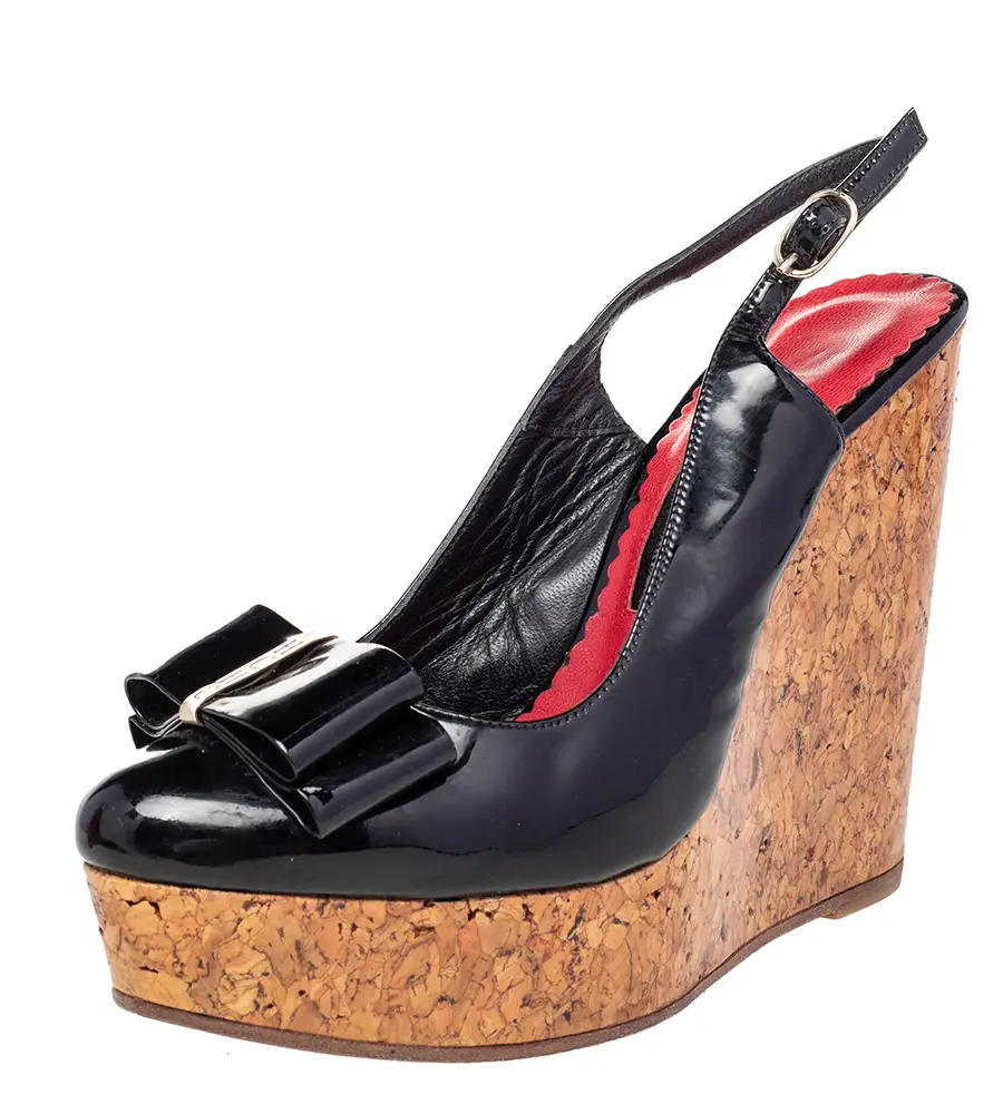 CH Carolina Herrera Black Leather Bow Wedge Sandals Size 37