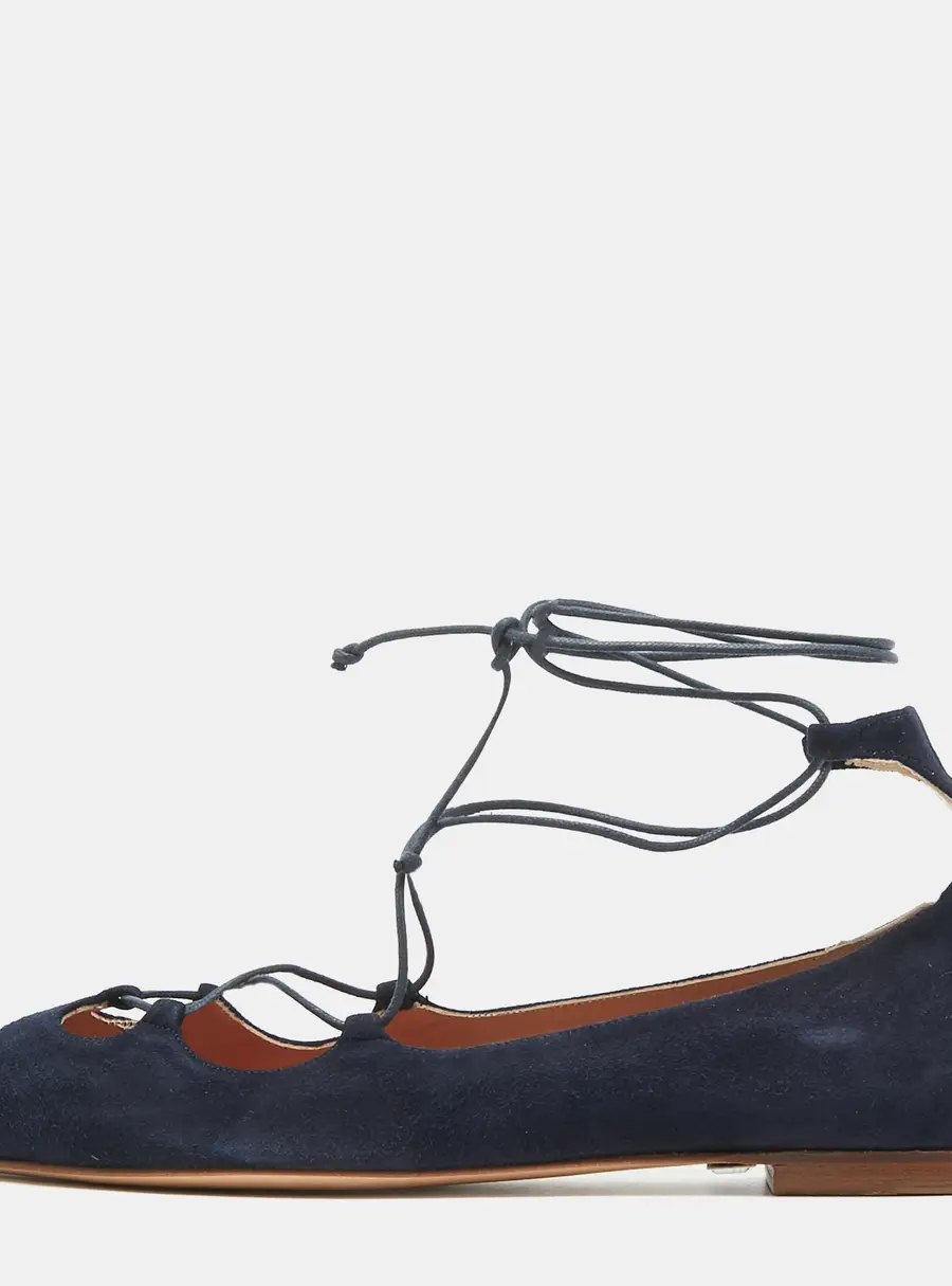 CH Carolina Herrera Blue Suede Pointed Toe Tie Up Ballet Flats Size 37