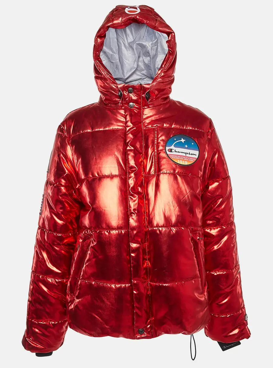 Champion Red Lame Printed & Badge Detail Puffer Overcoat M