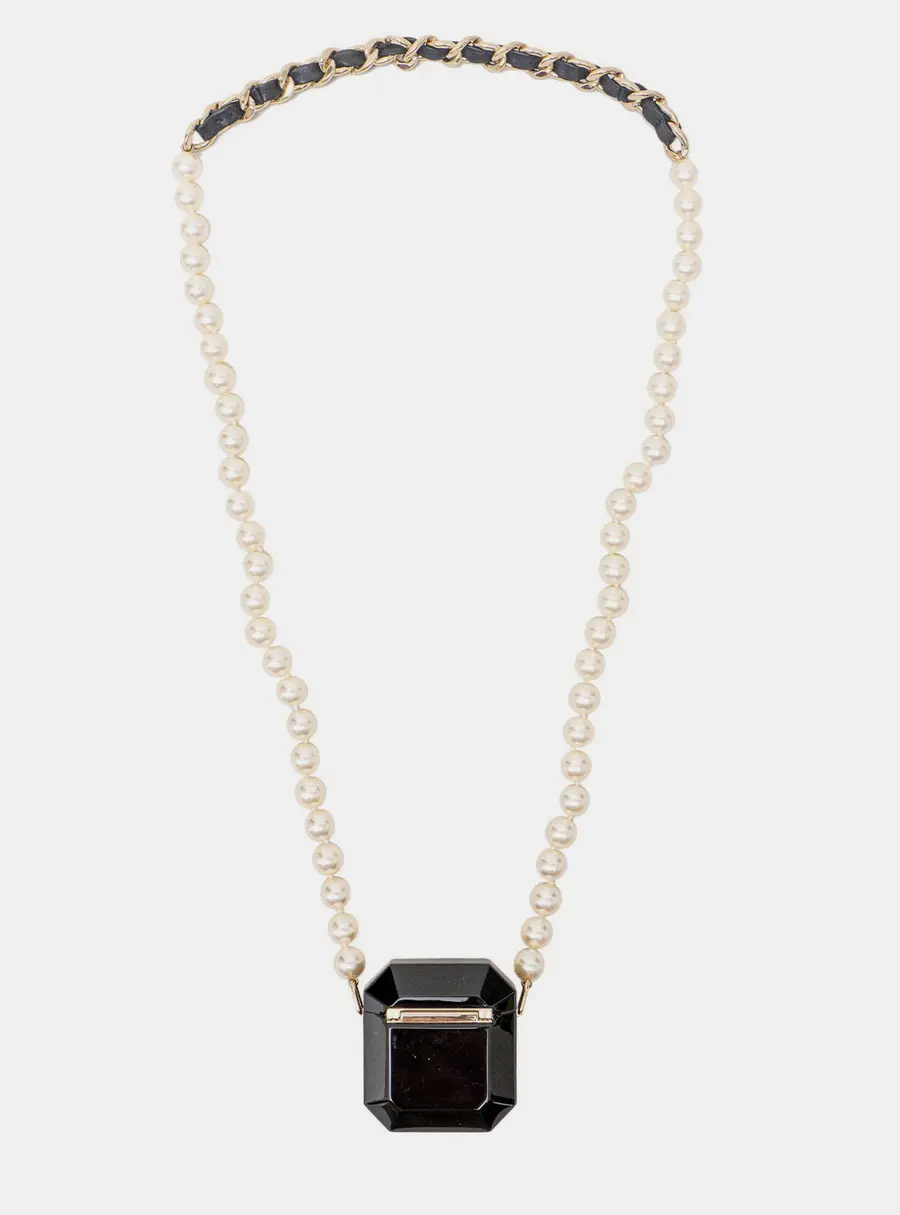 Chanel 21A Black Pearl Leather Resin Airpod Case Necklace