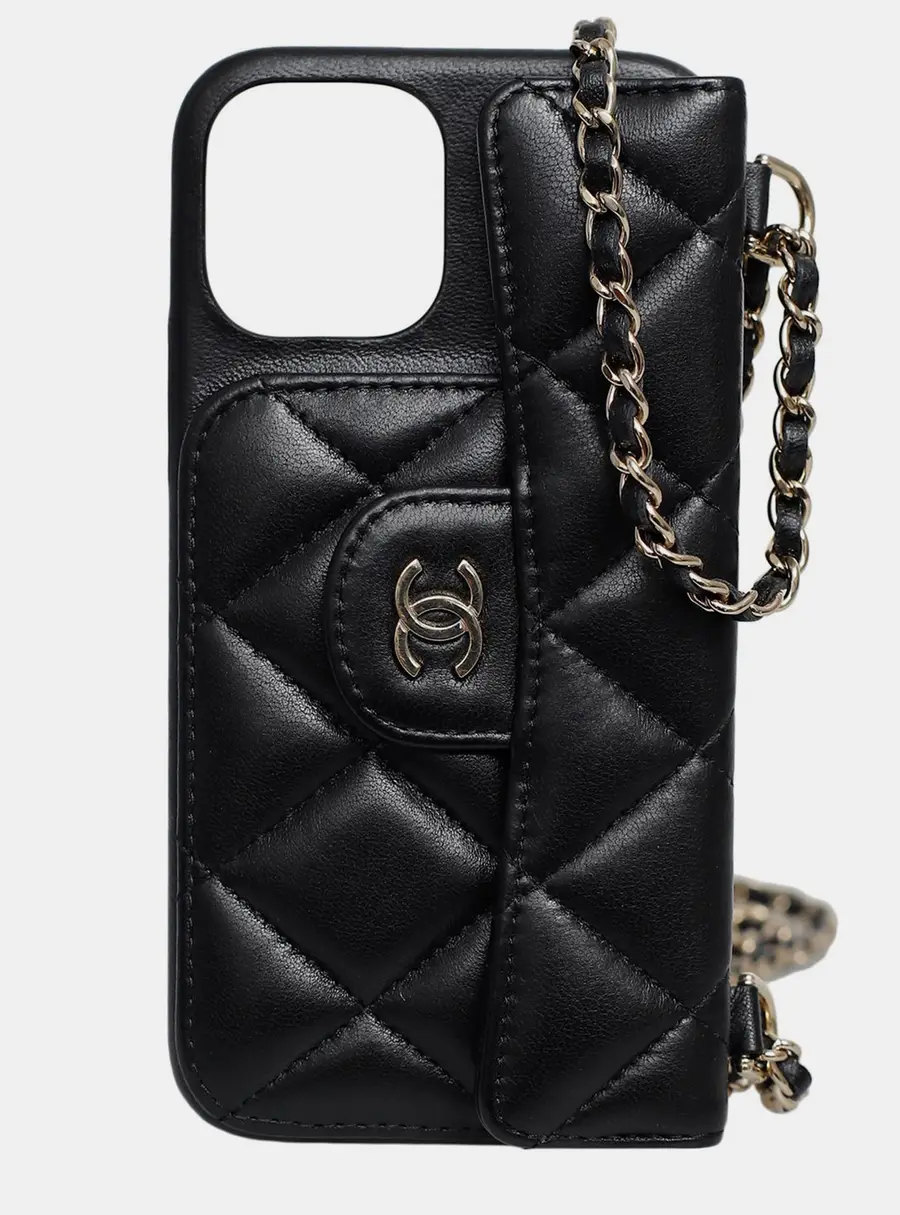 Chanel Black Lambskin Quilted iPhone 12Pro Chain Case