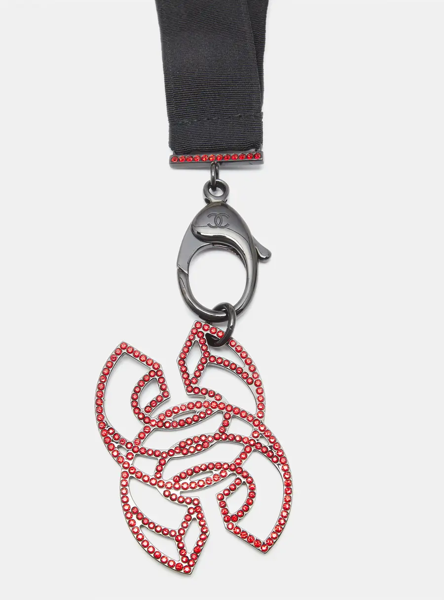 Chanel CC Crystal Embellished Black Ribbon Pendant Necklace