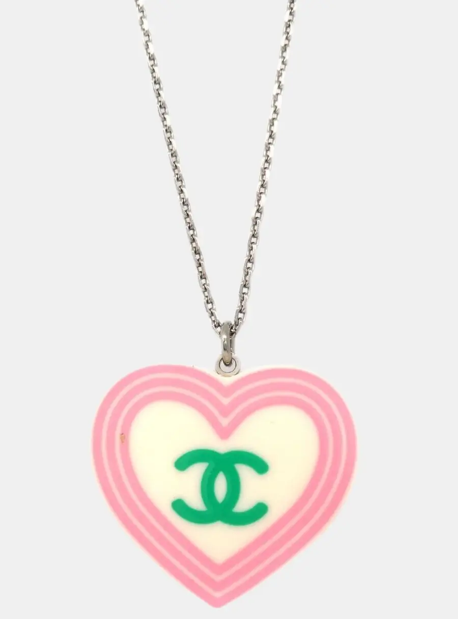 Chanel 04C Reversible Enamel Resin Green CC Logo Pink Stripes Heart Pendant Silver Tone Women's Necklace