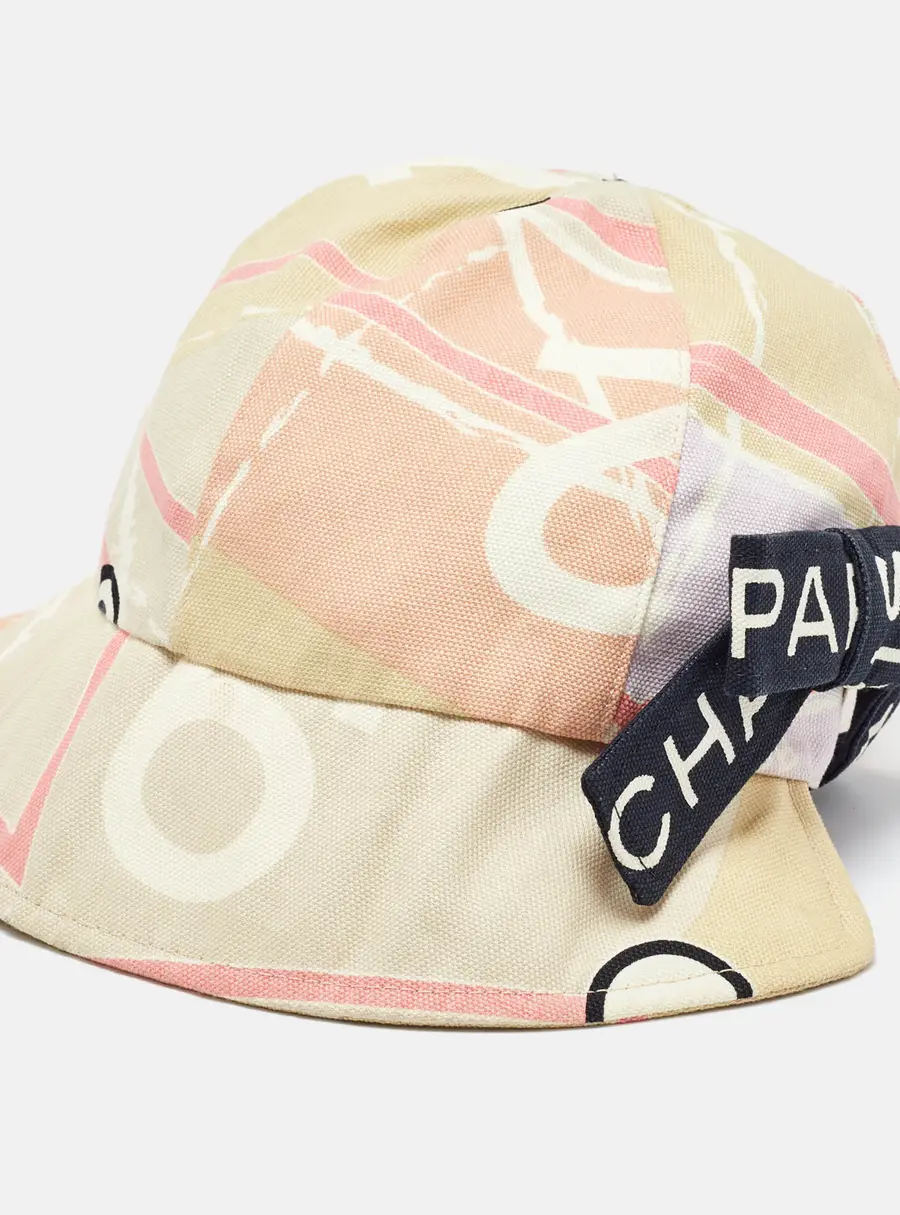 Chanel Cream/Peach Bow Detail Printed Canvas Cap M