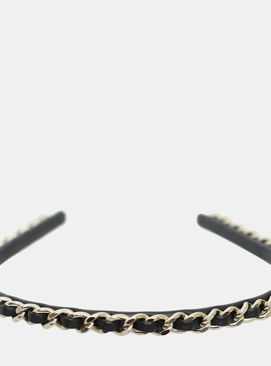Chanel Black & Silver Leather and Metal CC Classic Chain Headband