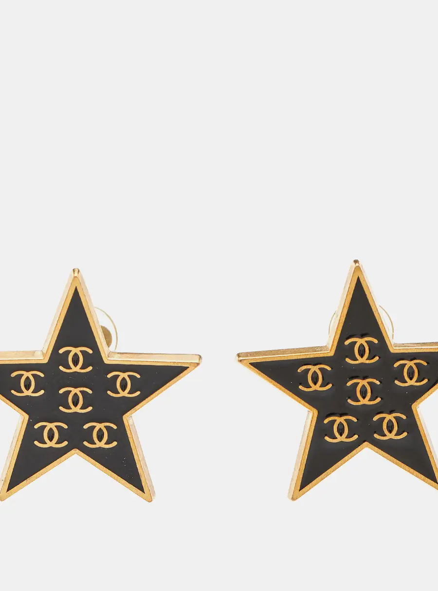 Chanel Black Enamel Gold Tone Star Clip-on Earrings