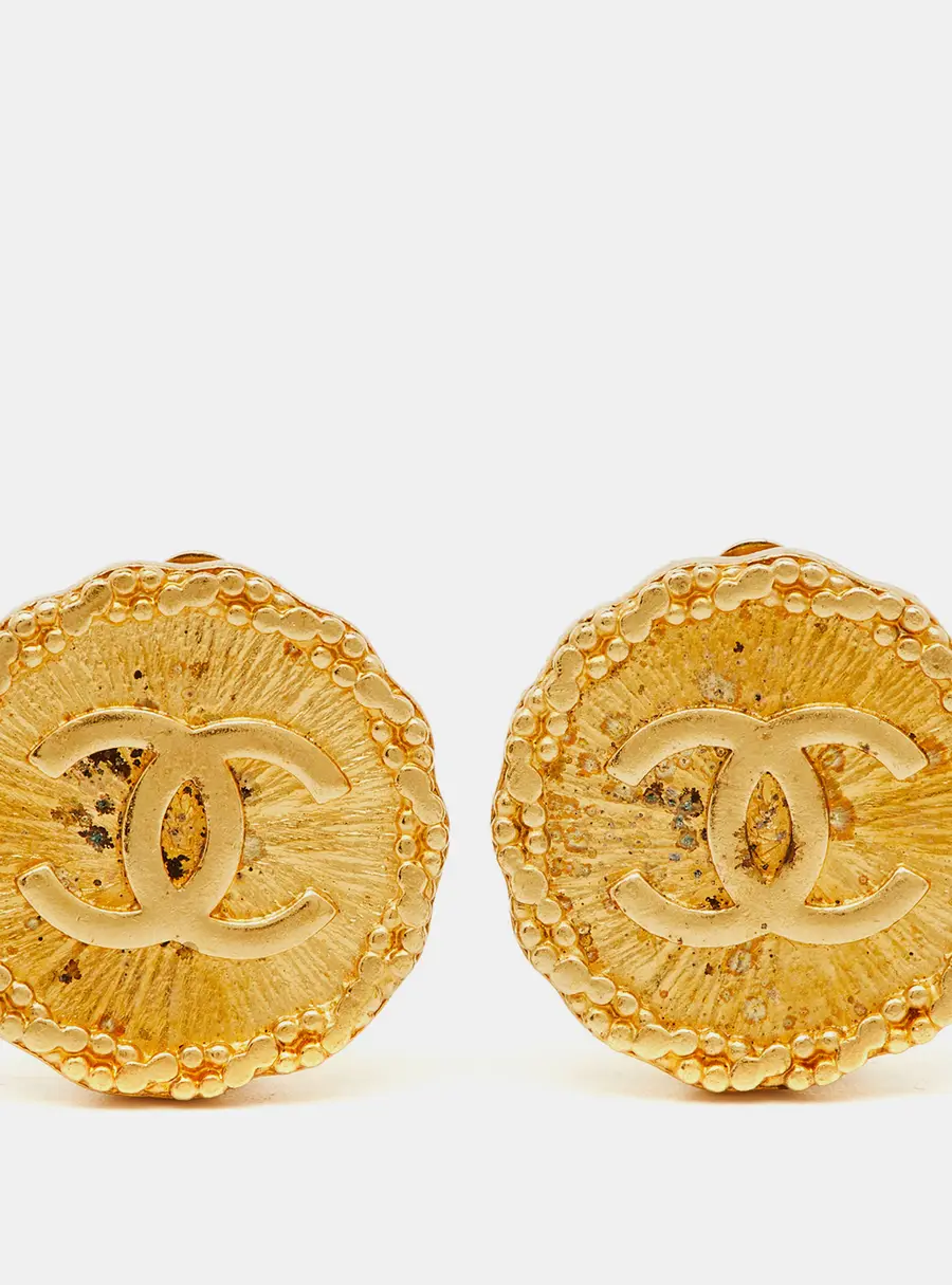 Chanel CC Textured Gold Tone Round Clip-on Earrings