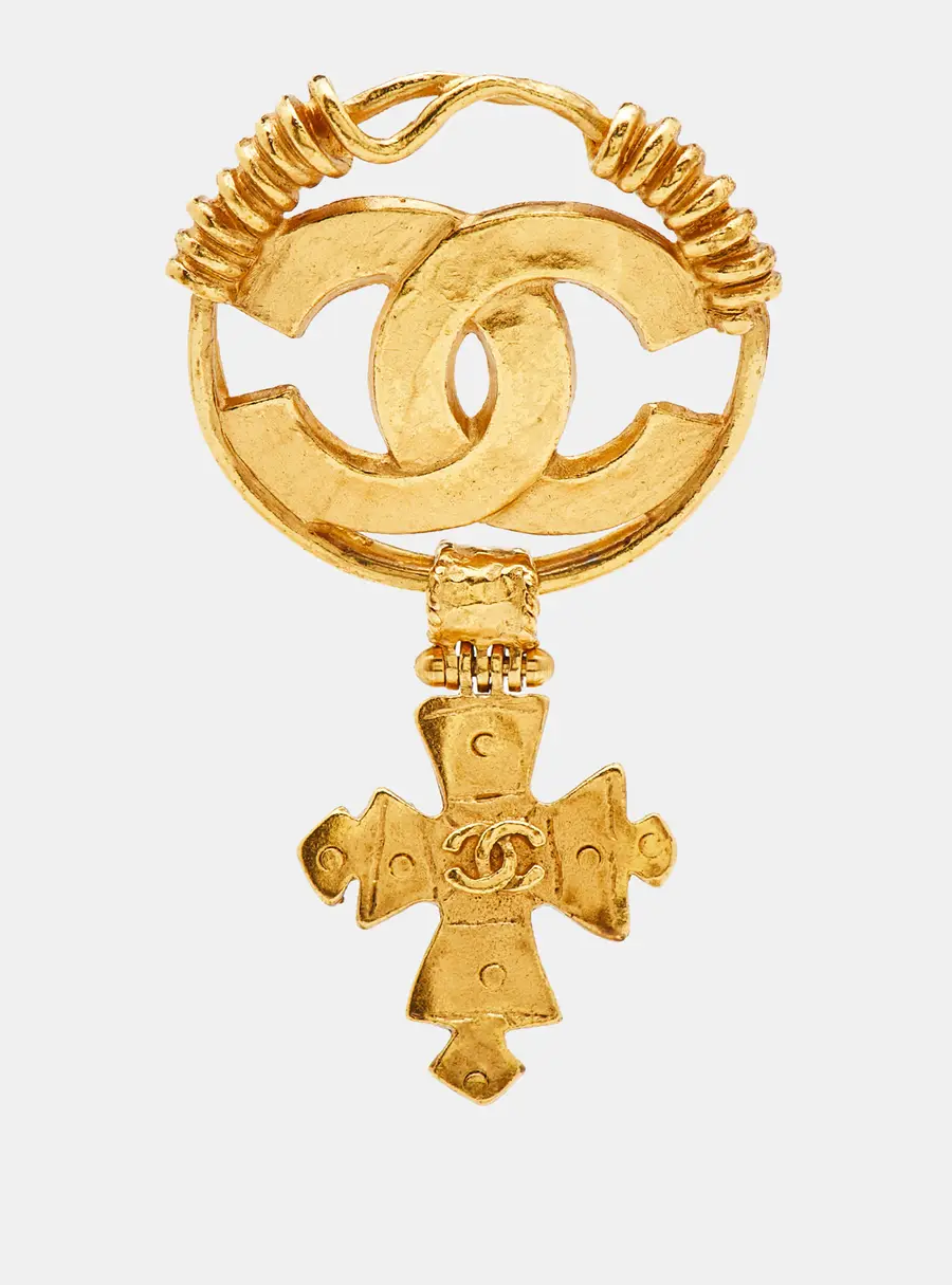 Chanel CC Logo Cross Drop Gold Tone Pin Brooch