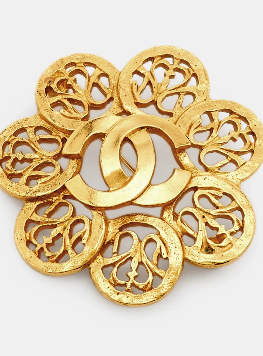 Chanel CC Round Openwork Gold Tone Pin Brooch