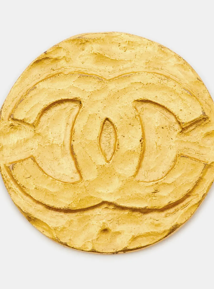 Chanel CC Hammered Gold Tone Round Pin Brooch