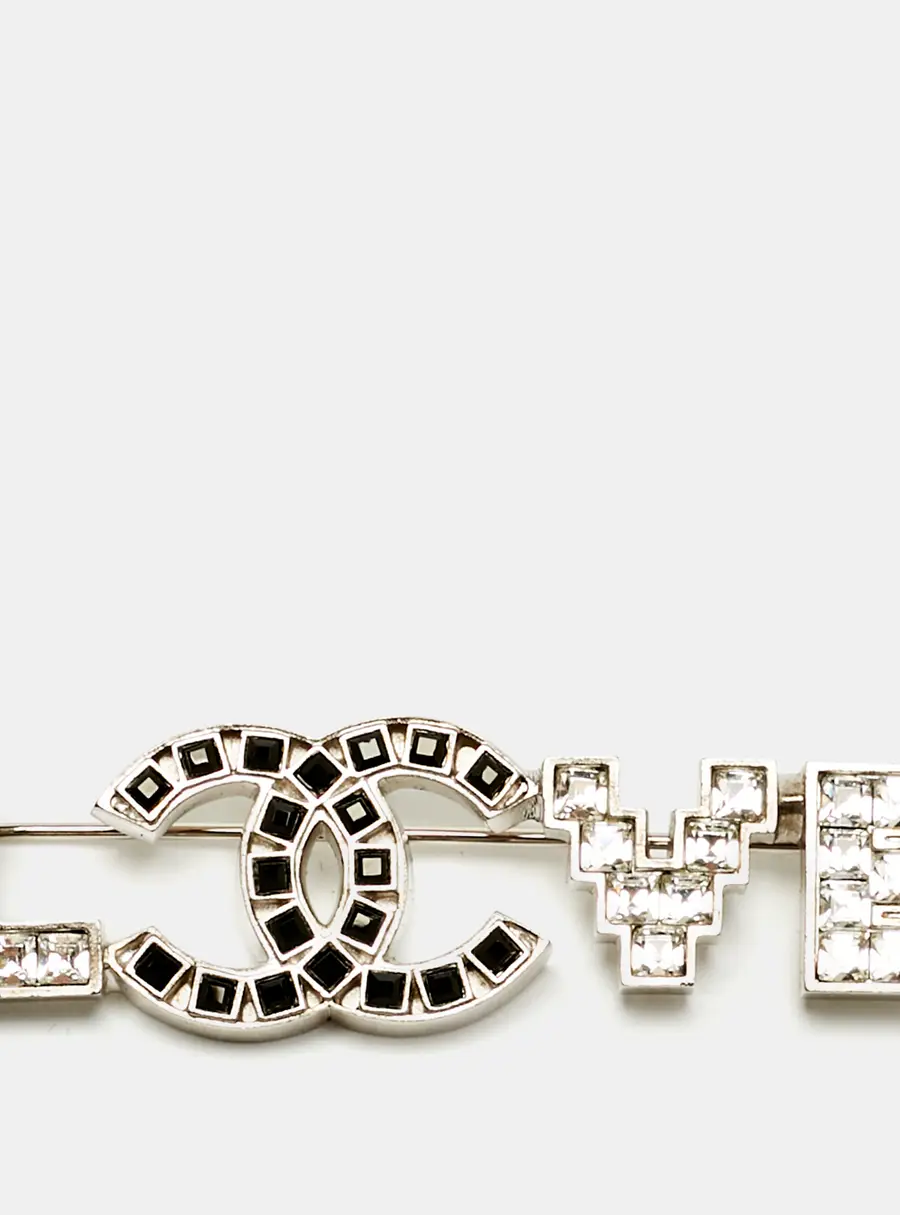 Chanel CC Love Crystal Silver Tone Pin Brooch