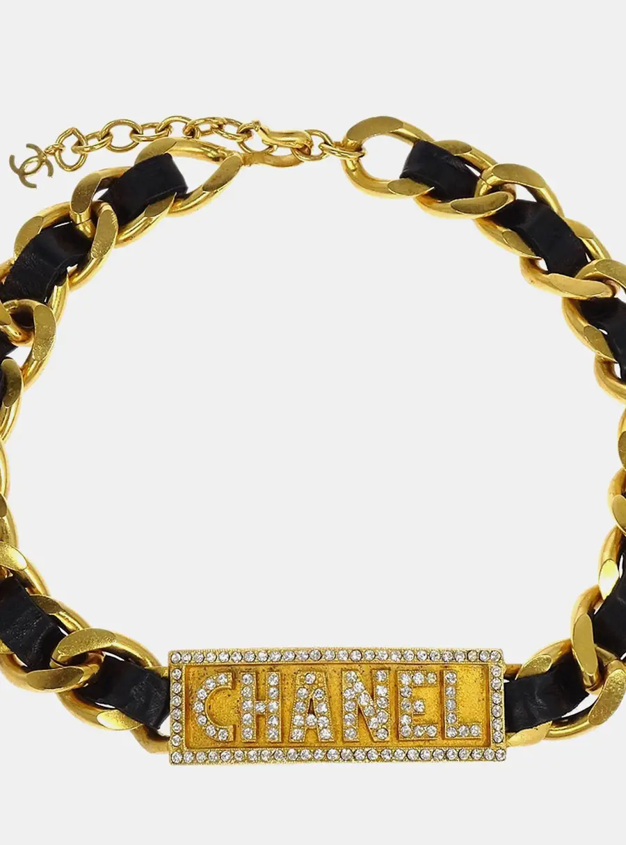 Chanel Vintage 95P Gold -Plated Rhinestone Leather Chain Choker