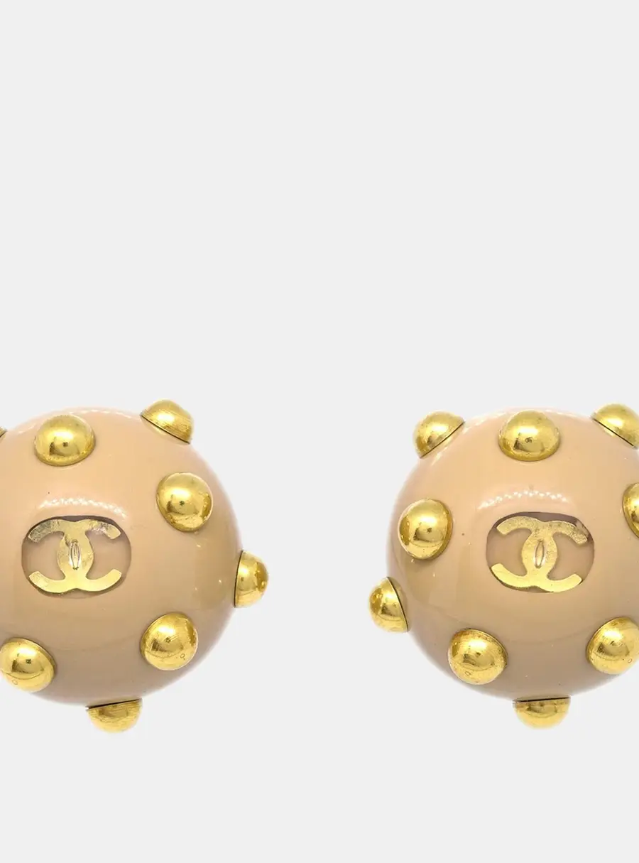 Chanel CC Logos Studs Button Beige Enamel Gold Tone Metal Women Clip On Earrings