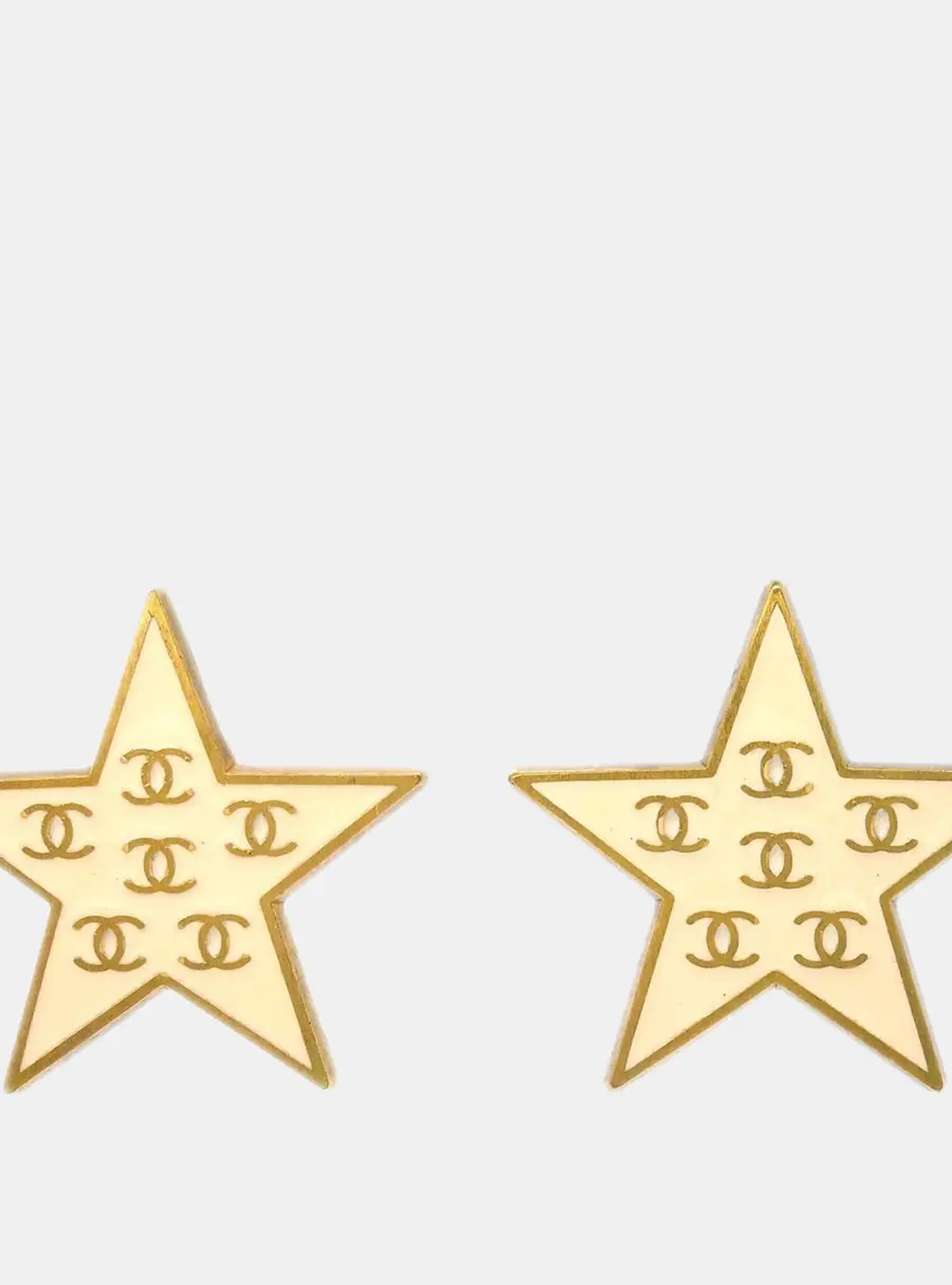 Chanel 2001 Spring Collection White Enamel Gold Plated Metal CC Star Women's Clip -On Earrings