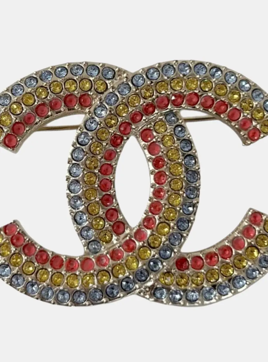 Chanel Interlocking CC 2023 Gold Tone Metal Multicolor Rhinestone Women's Brooch