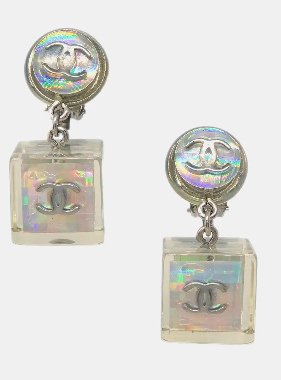 Chanel CC Holographic Acrylic Cube No. 5 Clip -On Drop Earrings Silver -Tone 97P