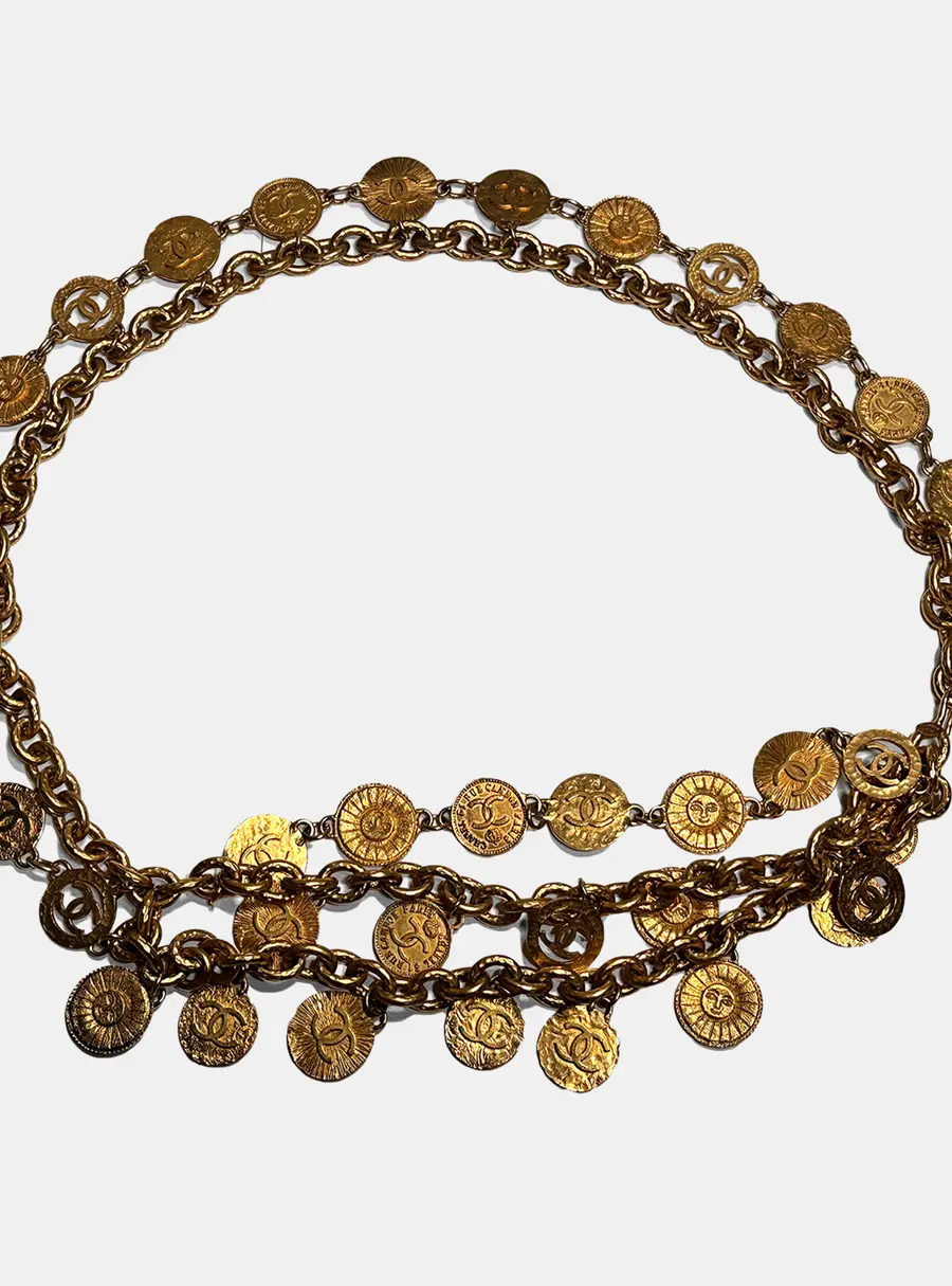 Chanel 93P Vintage Layered Coin Medallion Gold Plated Double Chain Women's Belt 90cm