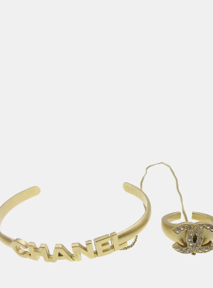 Chanel 01C Gold Plated Rhinestone Women's Bangle Ring Set