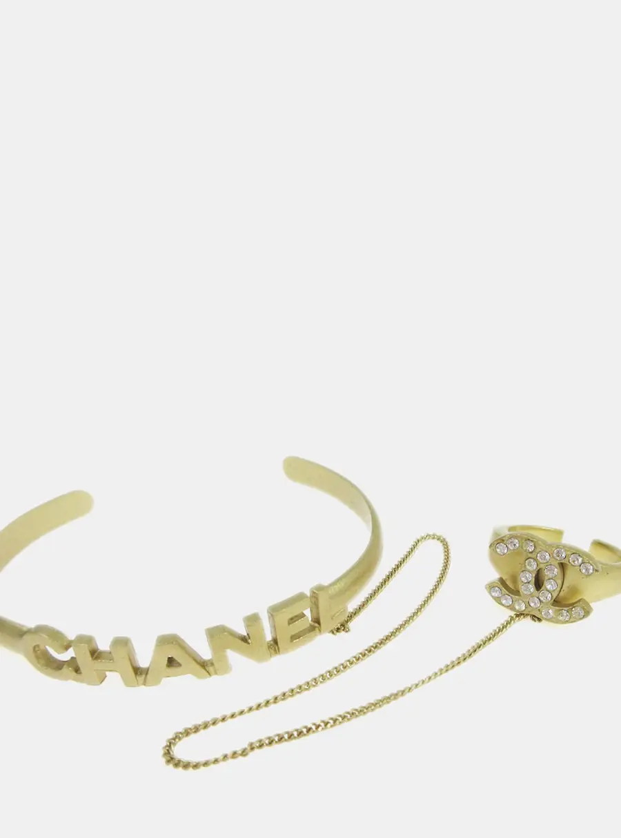 Chanel Cruise 2001 01C Rhinestone Gold Plated Metal Women's Ring Bangle Set