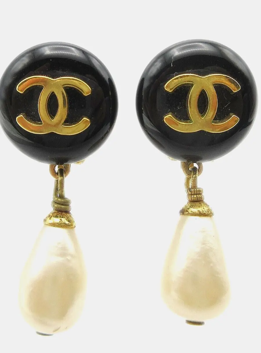 Chanel Vintage CC Black Resin Artificial Pearl Gold Plated Clip -On Drop Earrings Women Accessories