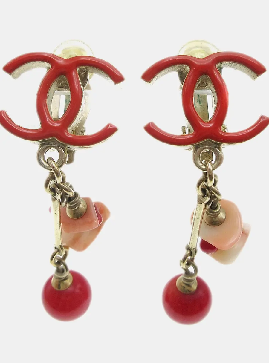 Chanel A11C Red Resin Coral Gold Tone Metal Women's Clip On Drop Earrings
