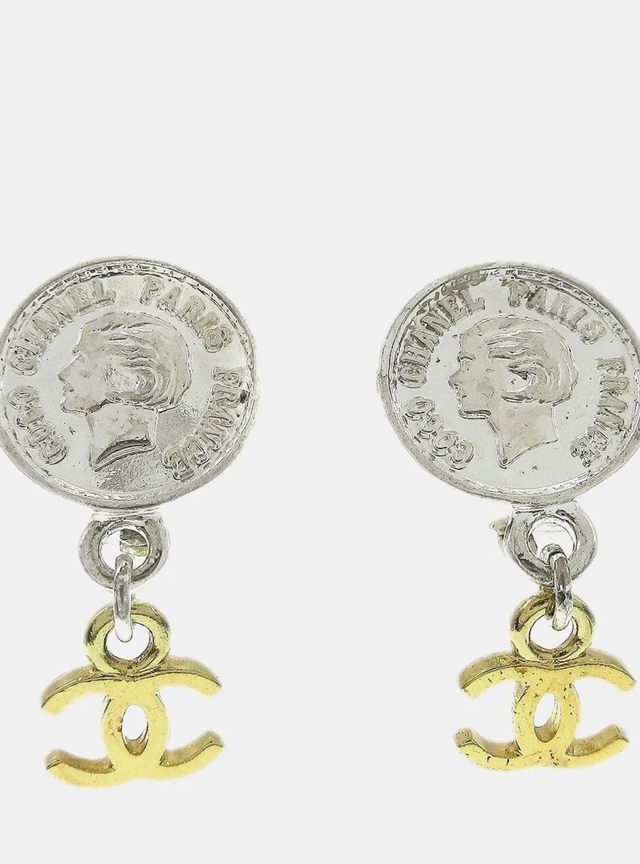 Chanel Vintage 1997 Spring CC Medallion Gold Silver Plated Women's Clip -On Earrings