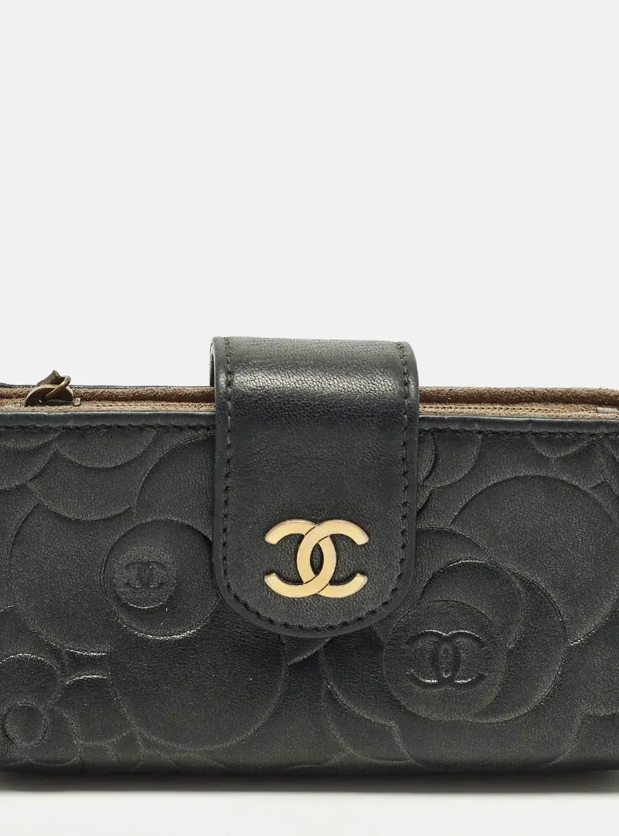Chanel O-Phone Holder Black Camellia Embossed Leather