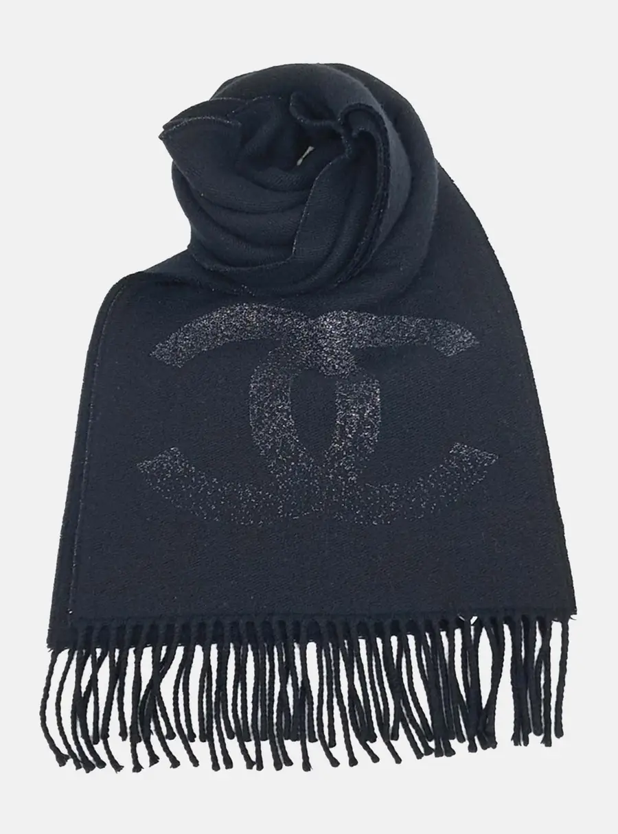 Chanel Glitter CC Black Wool Women's Scarf