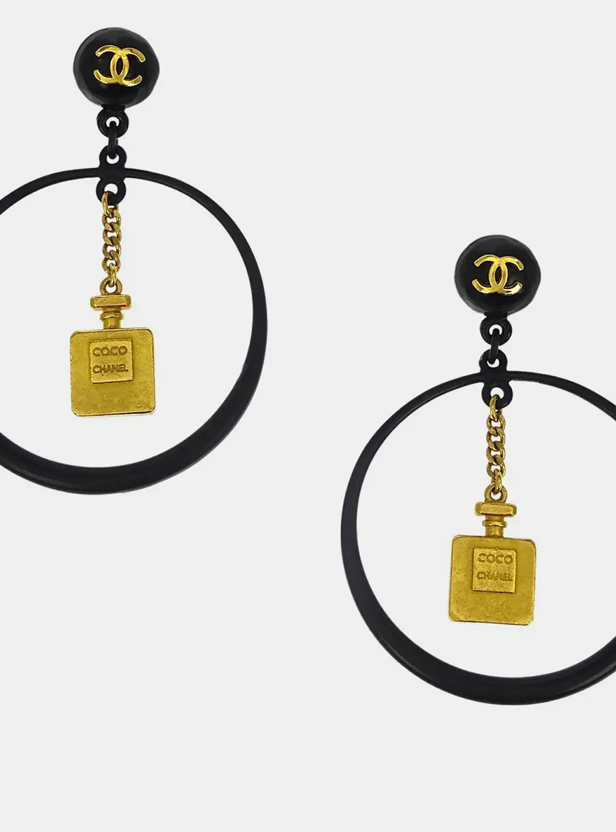Chanel Gold Black Hoop Dangle Perfume Bottle Earrings Clip-On