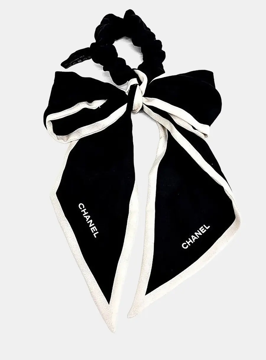 Chanel Black/White Scrunchie Hair Tie With Silk Bow