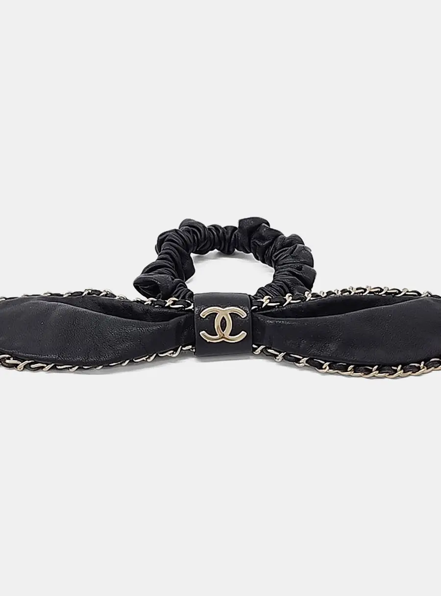 Chanel Black Leather hair scrunchie