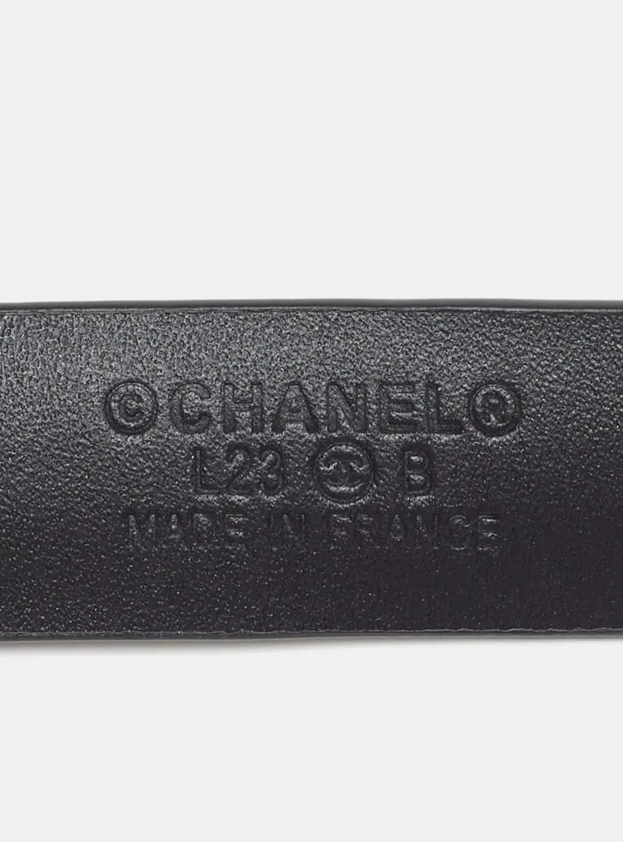 Chanel Logo Pearl Embellished 75CM Slim Black Leather