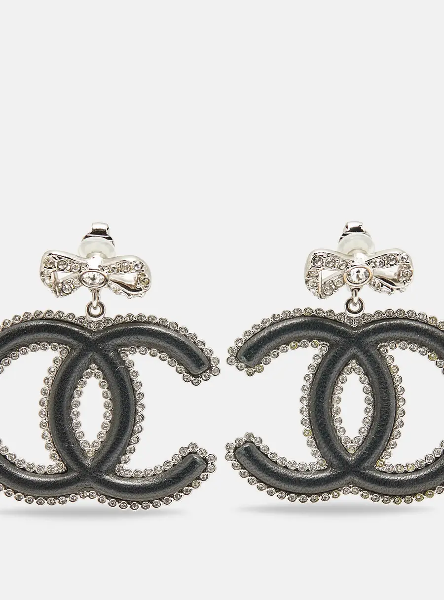 Chanel CC Black Leather Crystals Silver Tone Dangle Earrings
