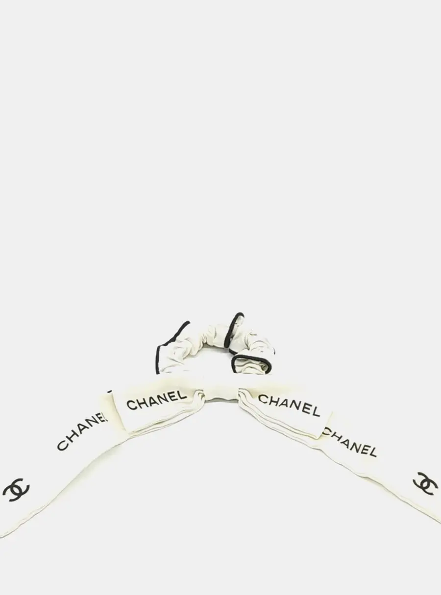 Chanel Silk White Black Hair Scrunchie
