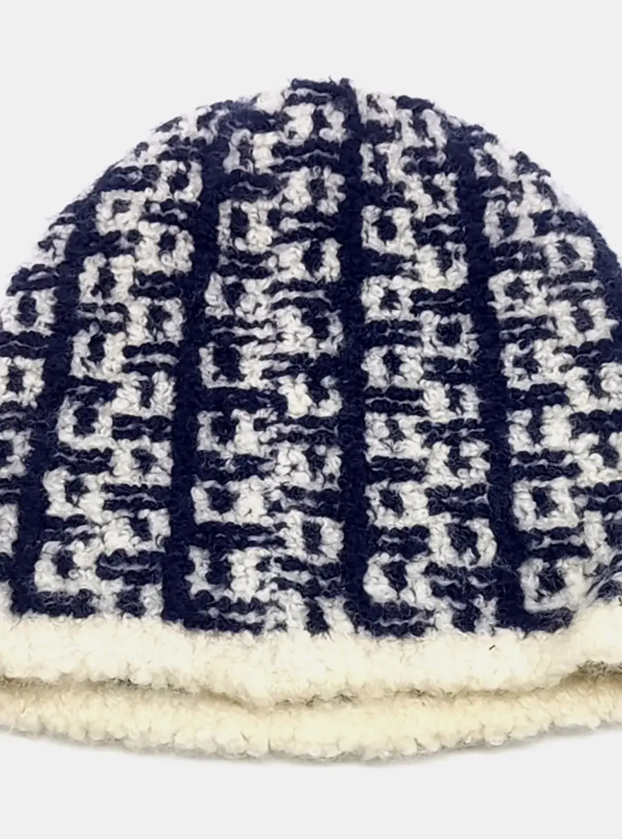 Chanel Cashmere Navy Blue & White Beanie