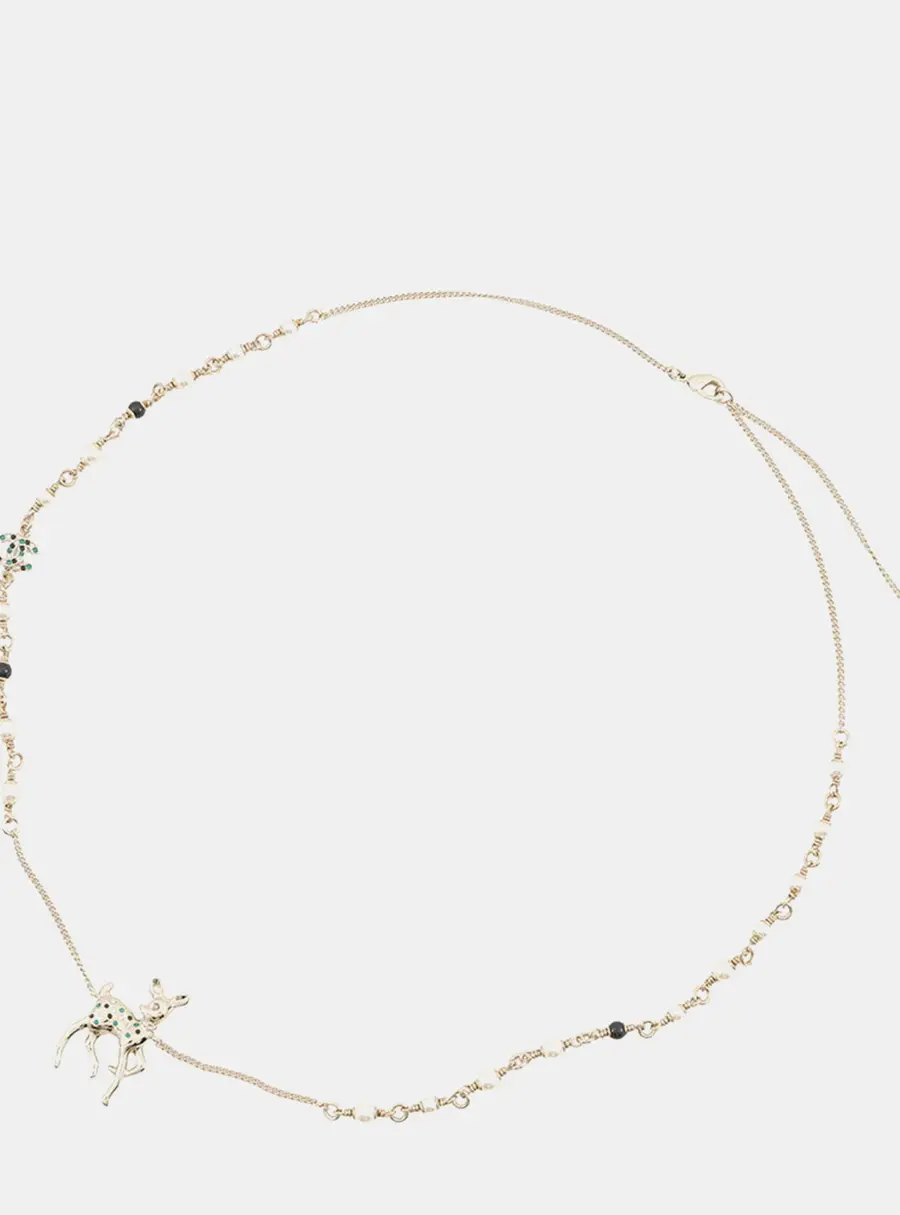 Chanel Cc Logo Bambi Motif Long Necklace Gold Plated Rhinestone Faux Pearl