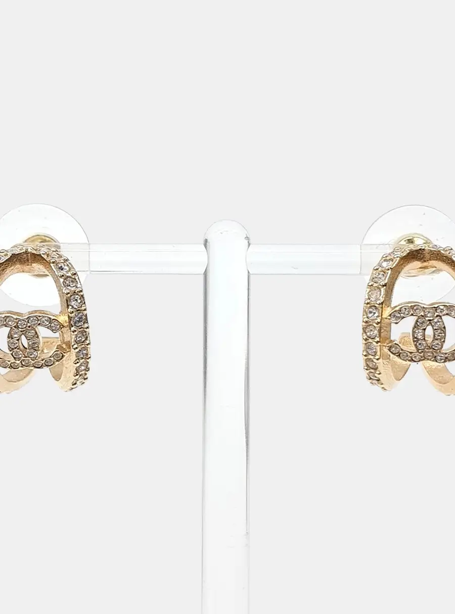 Chanel Crystal Strass CC Double Hoop Gold Tone Earrings