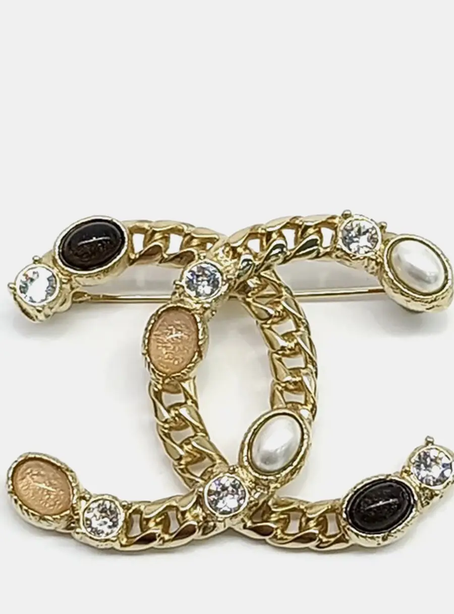 Chanel CC Logo Gold Crystals Pearl Brooch