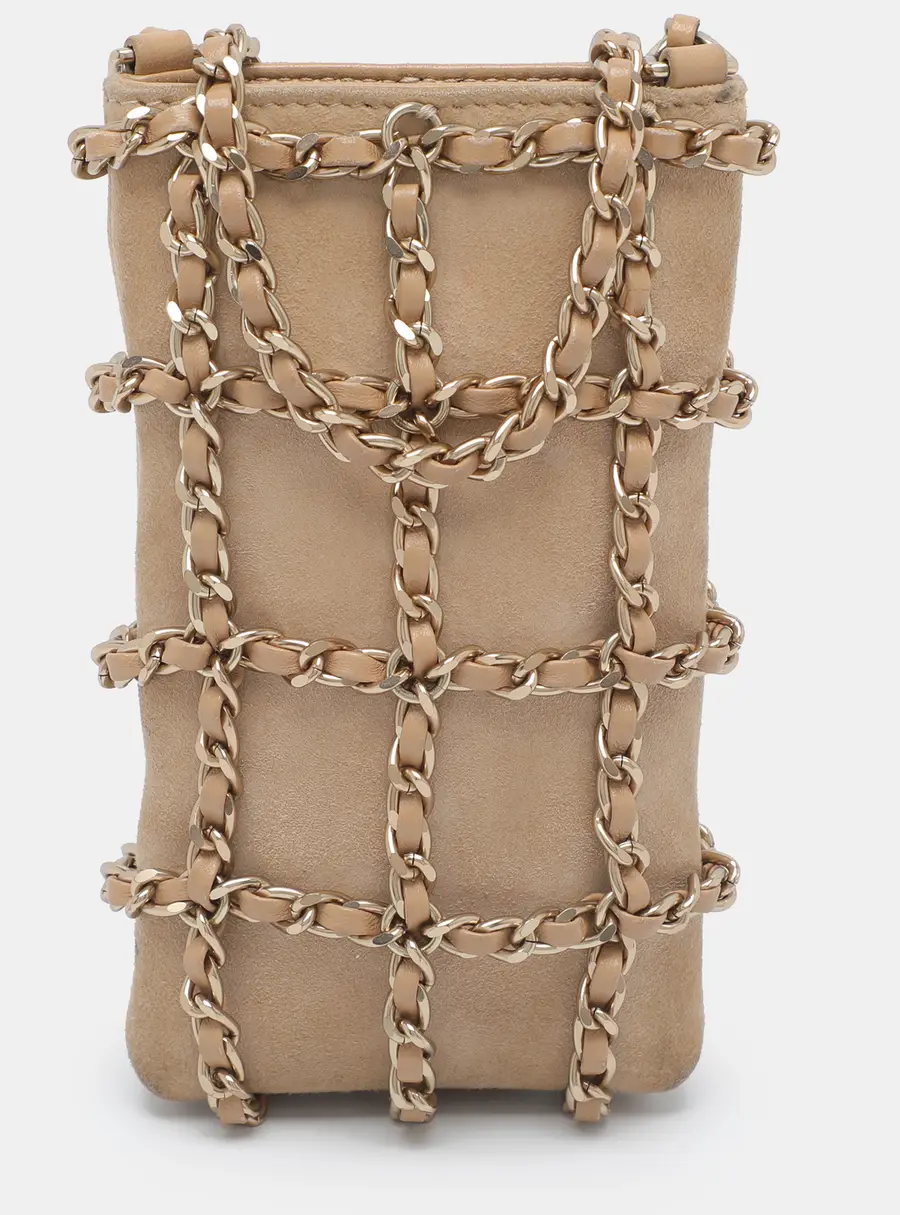 Chanel Tech Me Out Beige Suede Phone Case with Strap