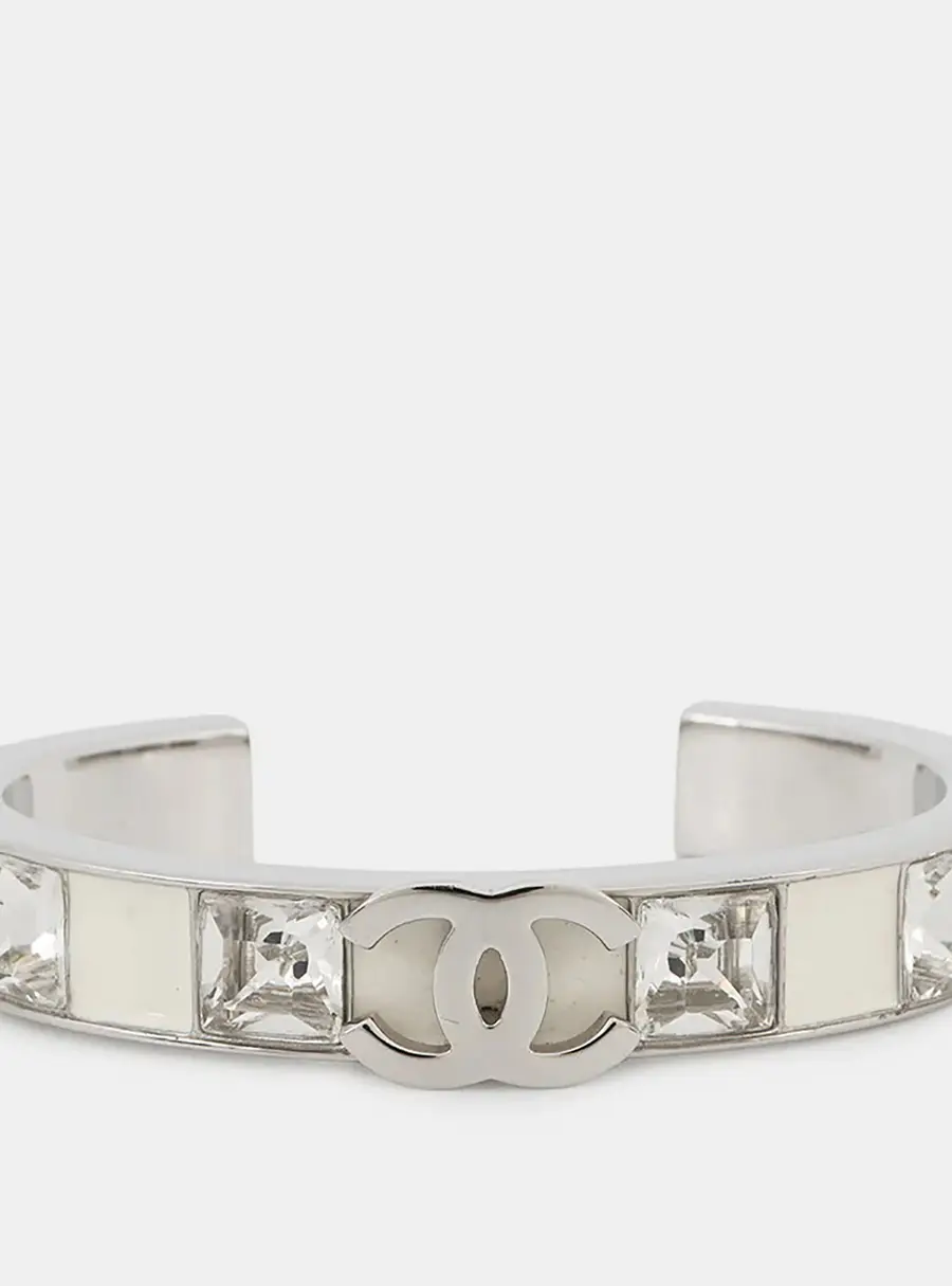 Chanel Cc Logo Bracelet Size S White/Silver Metal Strass