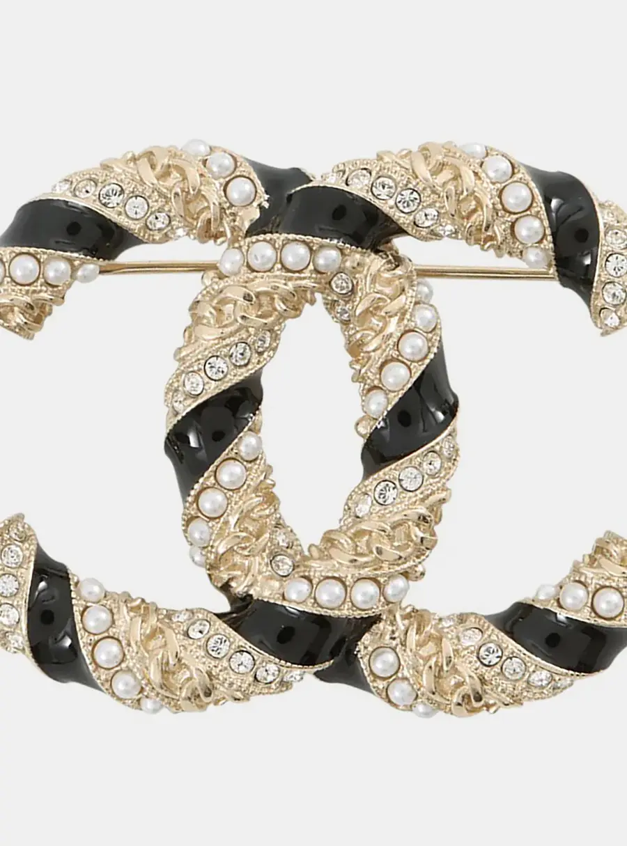 Chanel CC AB5776 Gold Plated Metal Rhinestone Faux Pearl Brooch