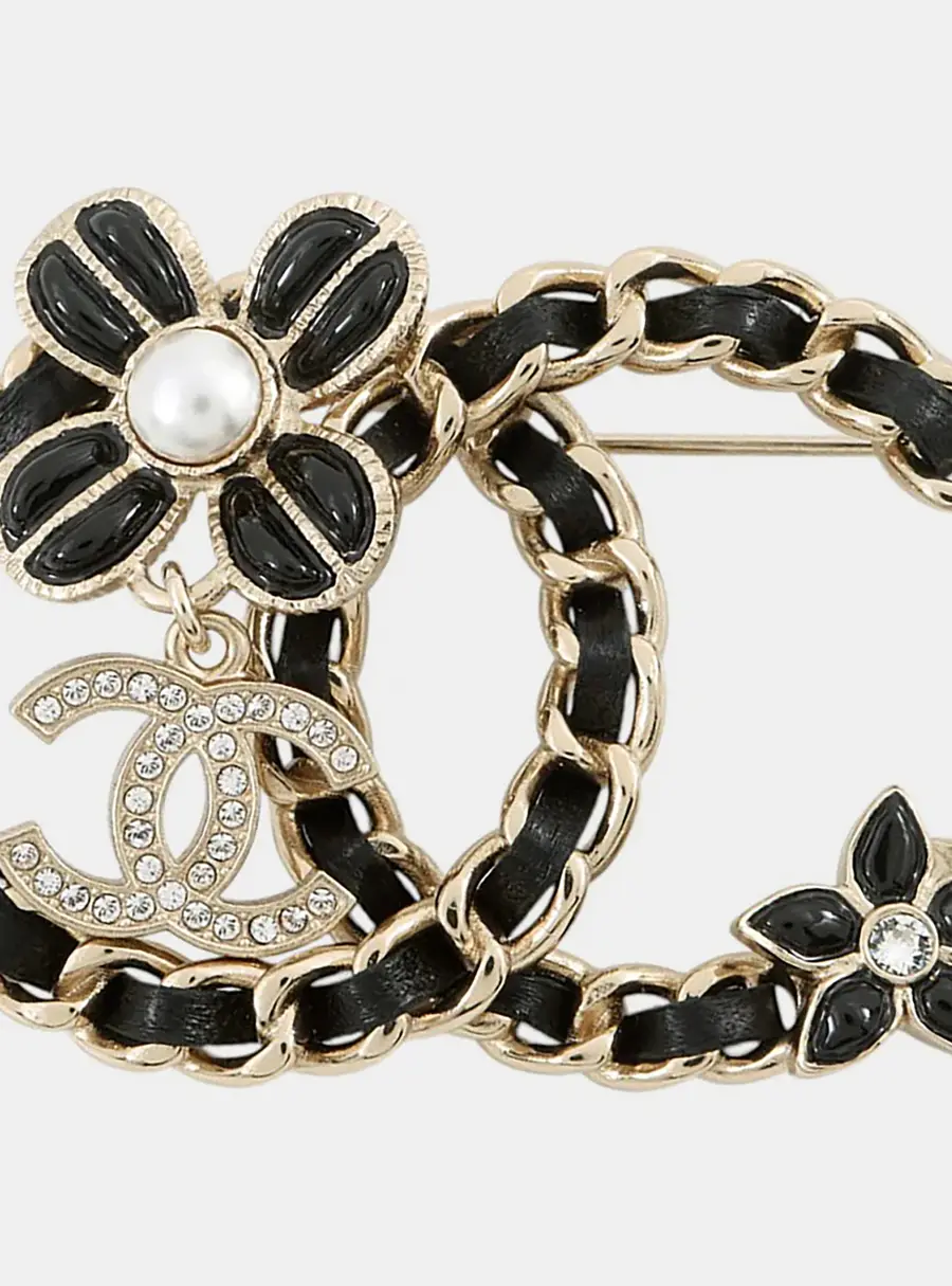 Chanel CC Flower AB9679 Gold Plated Leather Rhinestone Faux Pearl Brooch