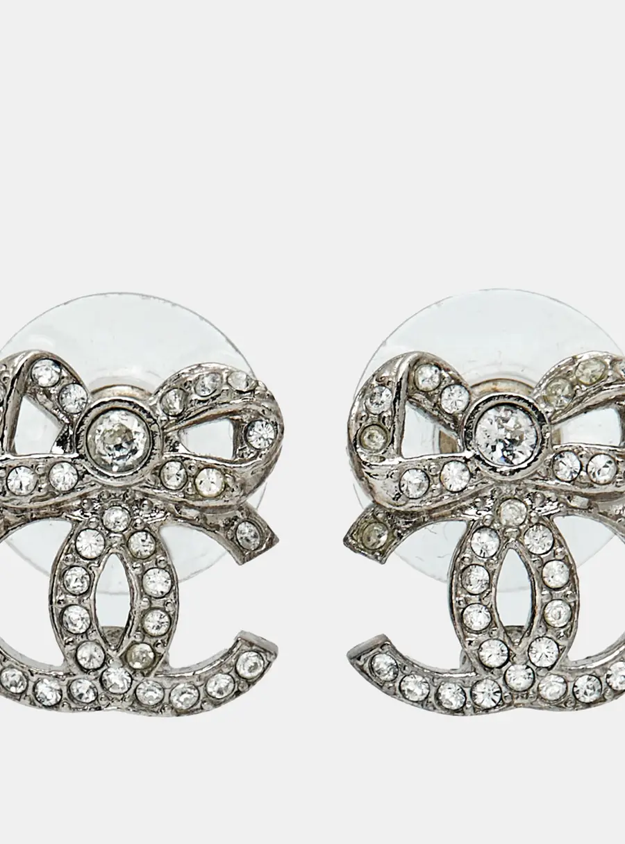 Chanel Bow Tie CC Crystals Silver Tone  Earrings