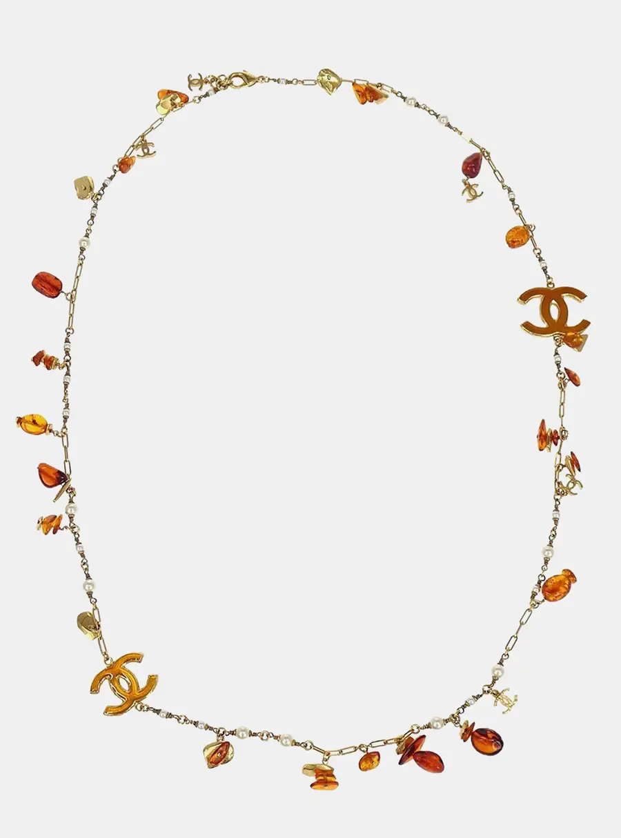 Chanel Cruise 2011 St Tropez B11C Amber Resin Faux Pearl Gold Plated Metal CC Long Sautoir Necklace