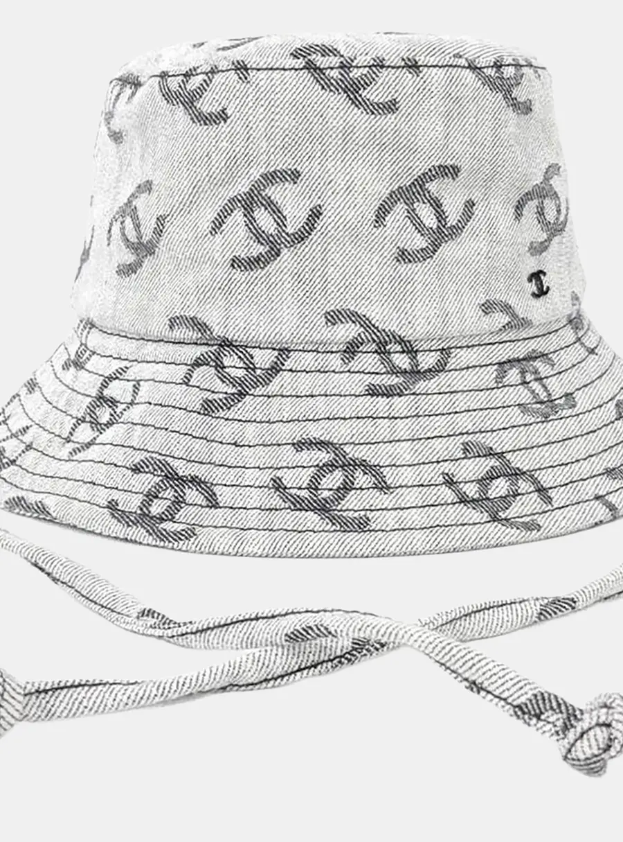 Chanel Logo Denim Grey, White Bucket Hat