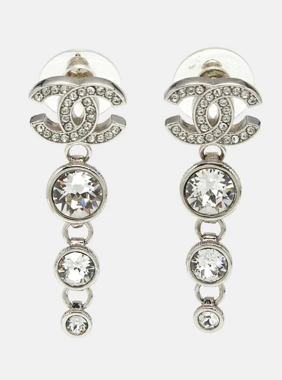 Chanel CC Logo Strass Graduated Crystal Silver Tone Drop Earrings