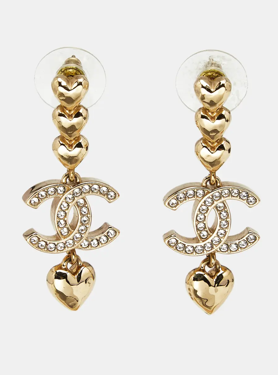 Chanel CC Heart Crystals Gold Tone Earrings