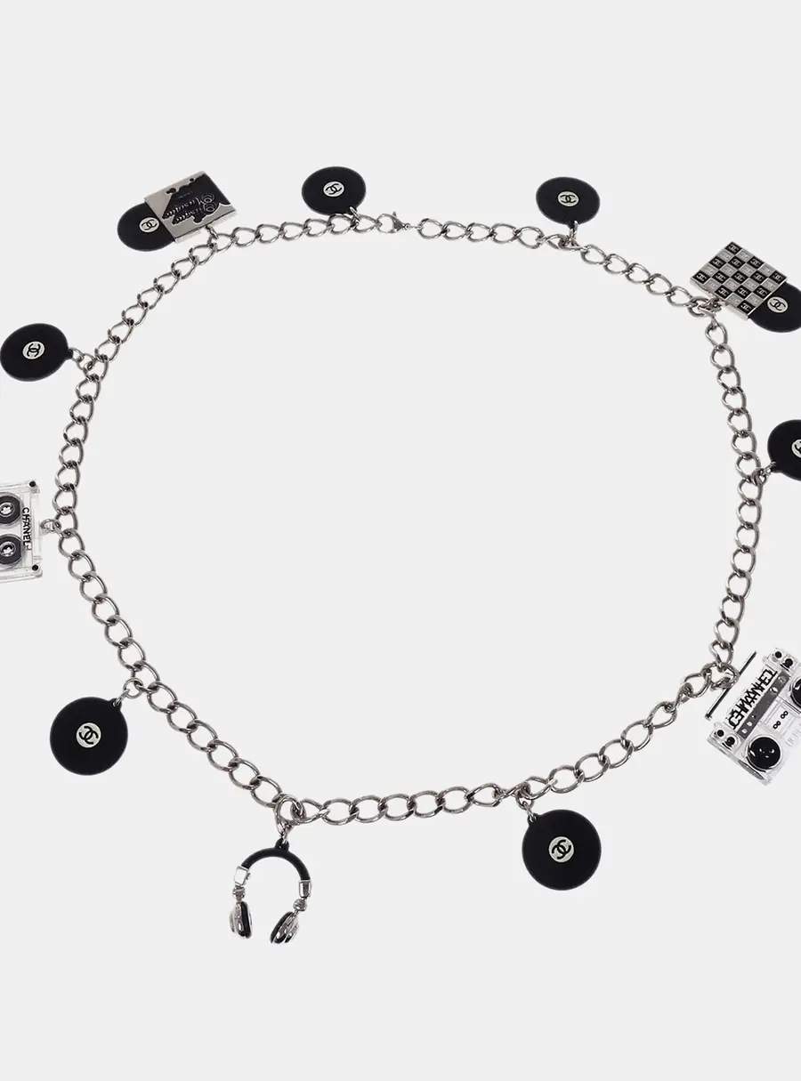 Chanel Record Cassette Tape 04P Silver Plated Acrylic Rhinestone Chain Belt