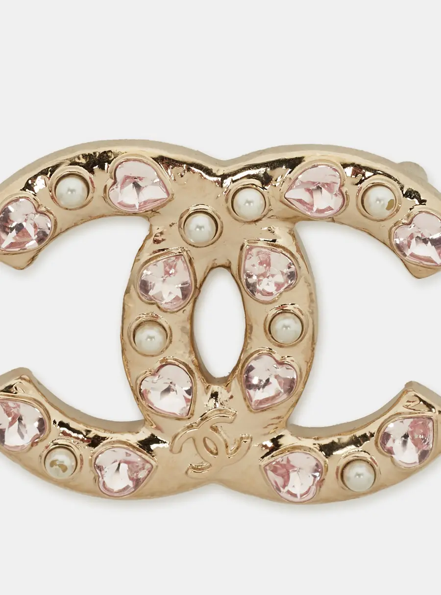 Chanel CC Crystals Faux Pearl Gold Tone Brooch